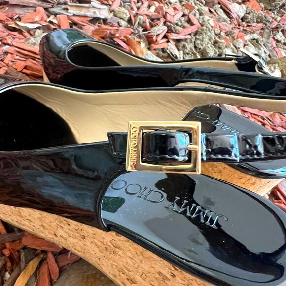 NWOB AUTHENTIC JIMMY CHOO PROVA CORK SANDAL 39.5 BLACK PATENT LEATHER - Picture 7 of 10